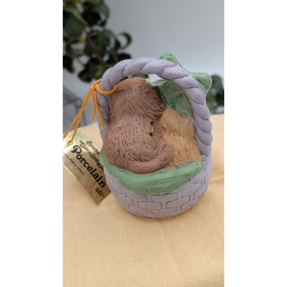 Vintage Enesco Basket Babies Porcelain Bell – Kittens in Basket – Genuine Bisque